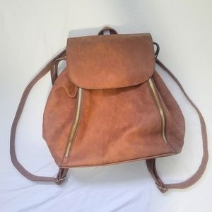 Brown vegan leather Just Fab backpack style purse bucket style gold accents